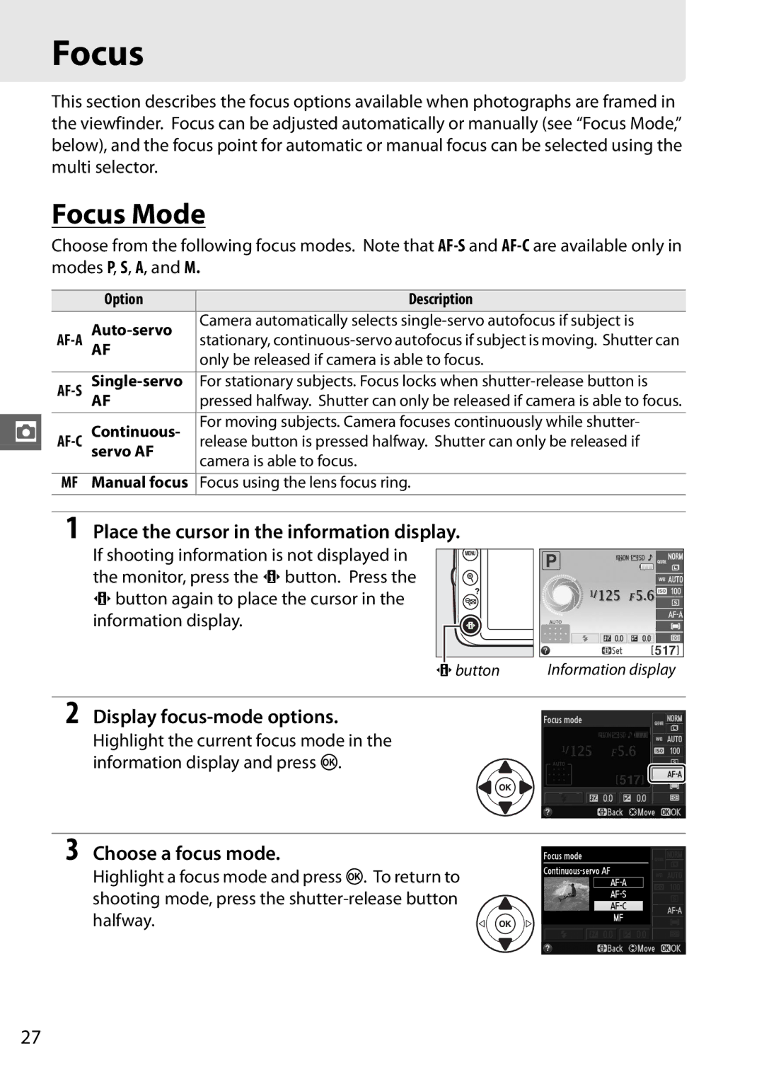 Nikon Digital Camera user manual Focus Mode, Place the cursor in the information display, Display focus-mode options 