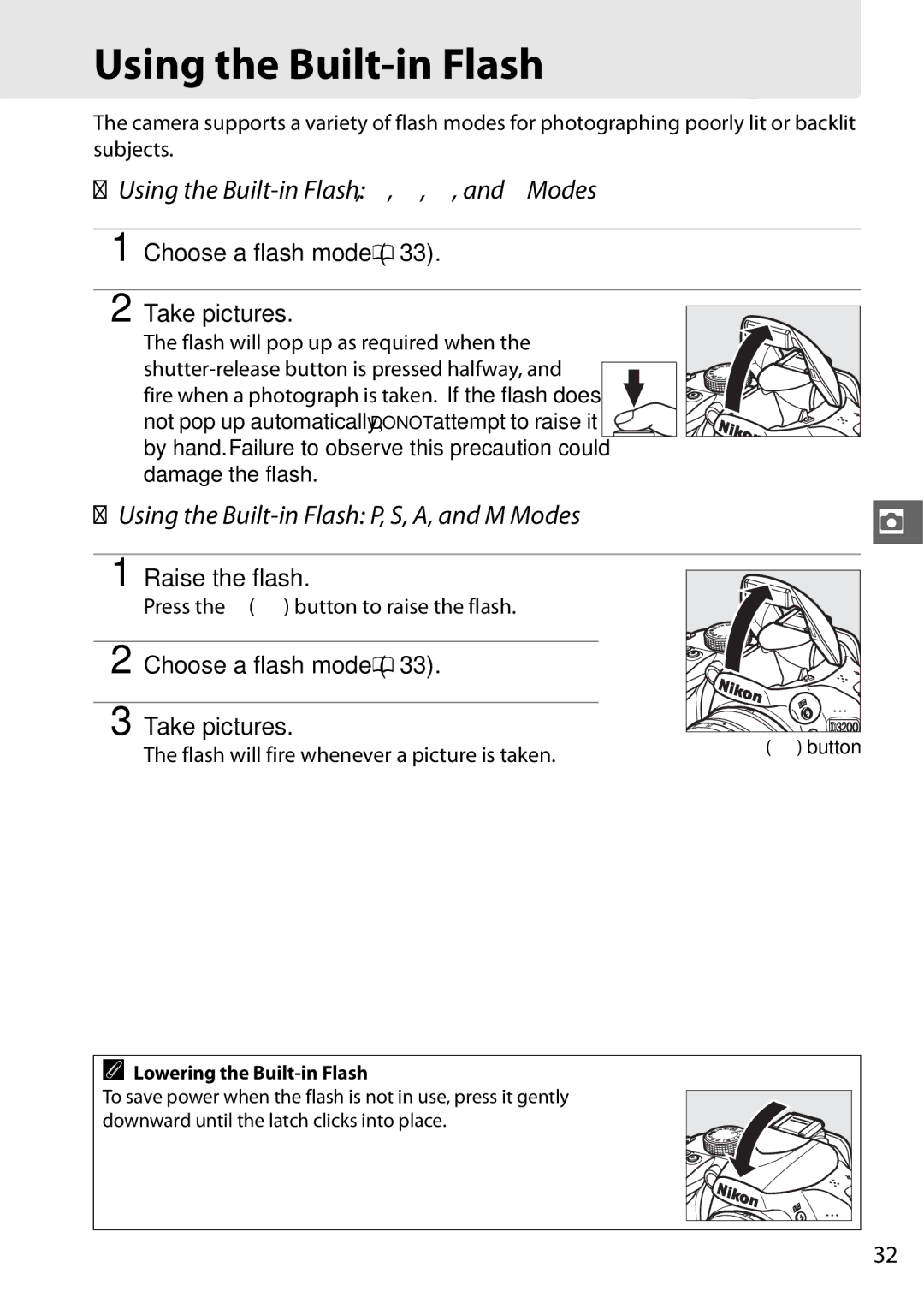 Nikon Digital Camera Using the Built-in Flash i, k, p, n, and oModes, Using the Built-in Flash P, S, A, and M Modes 