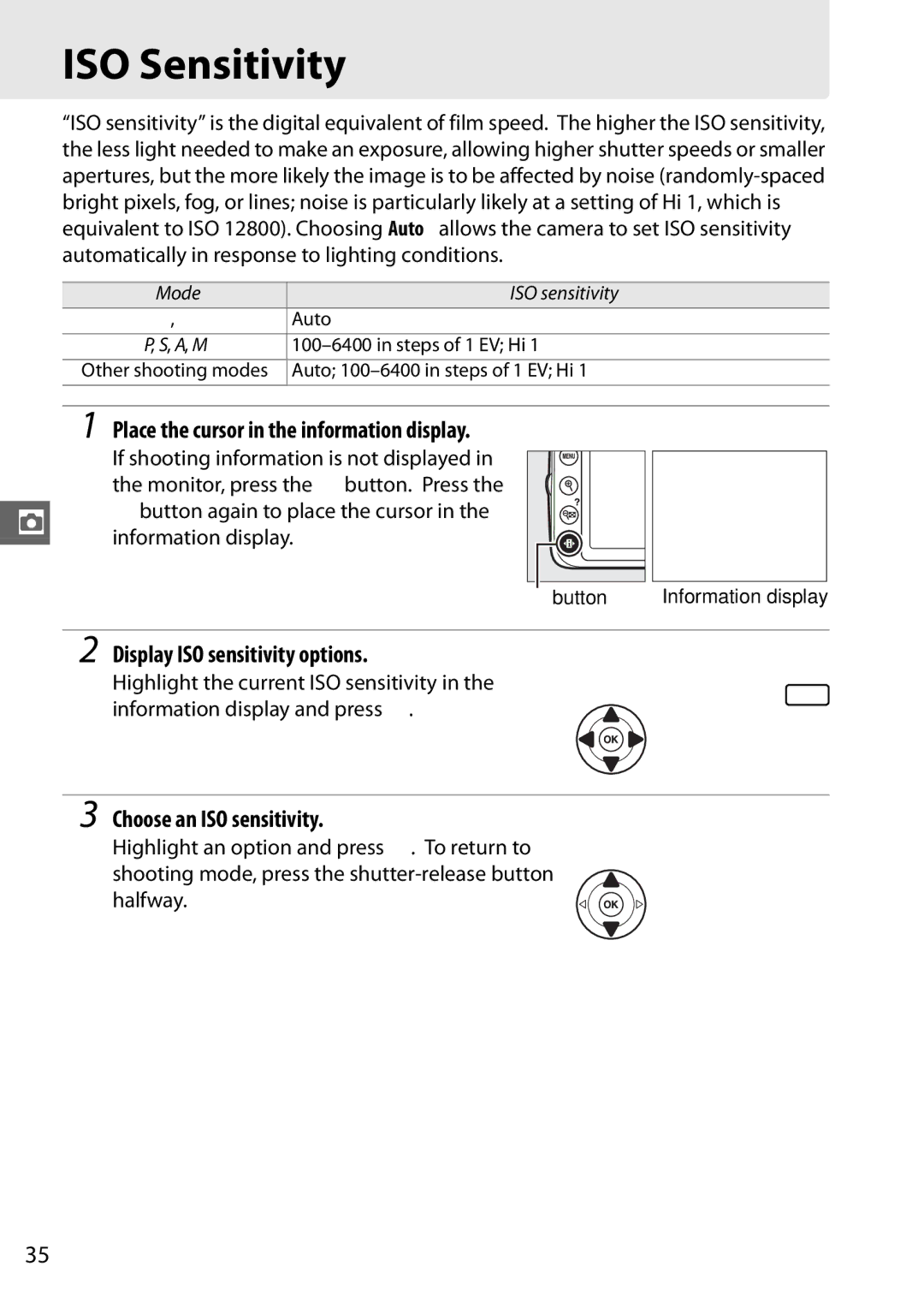 Nikon Digital Camera ISO Sensitivity, Display ISO sensitivity options, Choose an ISO sensitivity, Mode ISO sensitivity 