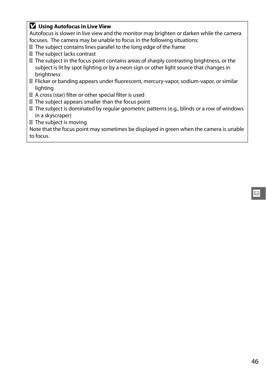 Nikon Digital Camera user manual Using Autofocus in Live View 