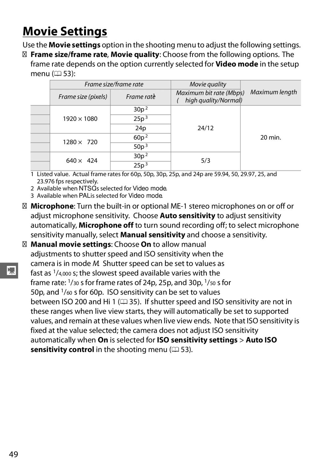 Nikon Digital Camera user manual Movie Settings, Adjustments to shutter speed and ISO sensitivity when 