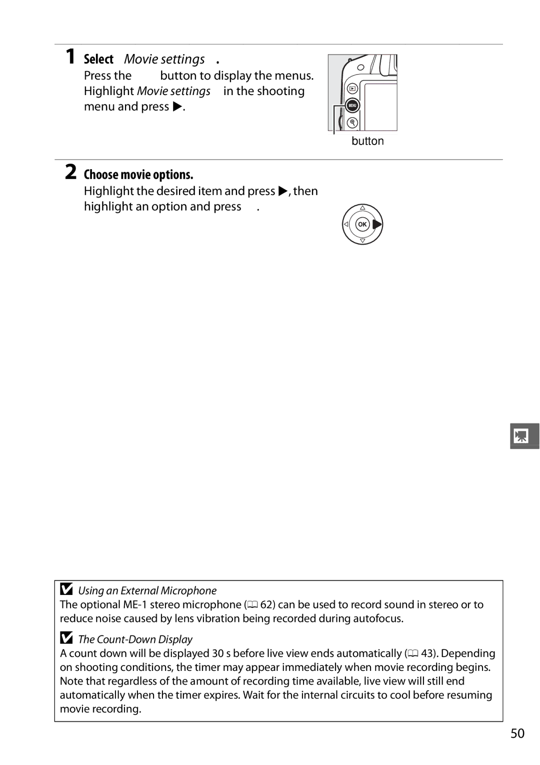 Nikon Digital Camera Select Movie settings, Choose movie options, Using an External Microphone, Count-Down Display 