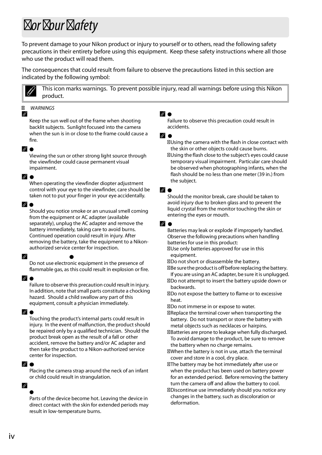 Nikon Digital Camera user manual For Your Safety, AKeep the sun out of the frame 