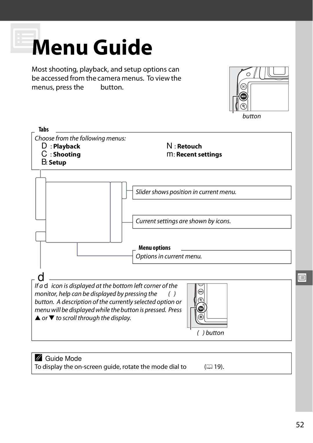 Nikon Digital Camera user manual UMenu Guide, Setup, To display the on-screen guide, rotate the mode dial to g 0 