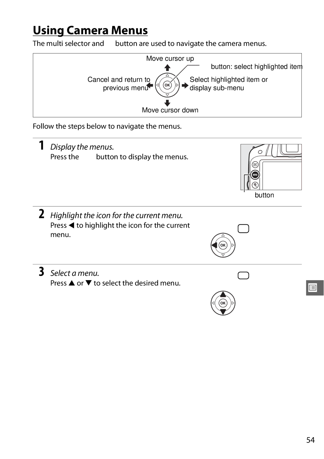 Nikon Digital Camera Using Camera Menus, Display the menus, Highlight the icon for the current menu, Select a menu 