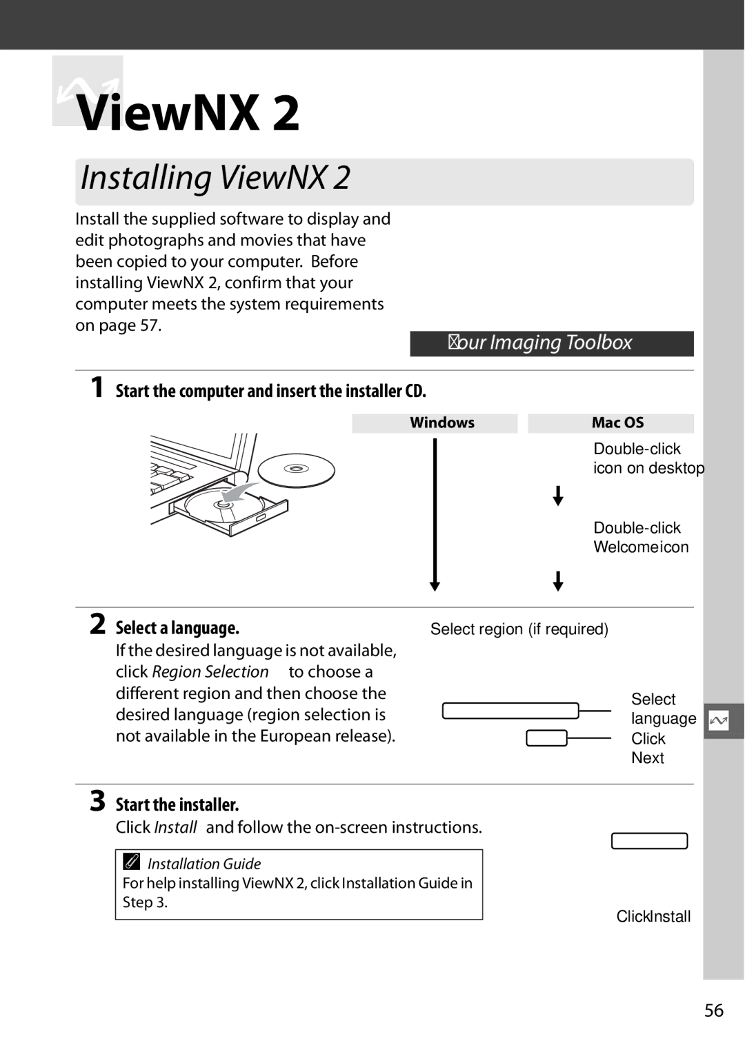 Nikon Digital Camera QViewNX, Installing ViewNX, Start the computer and insert the installer CD, Select a language 