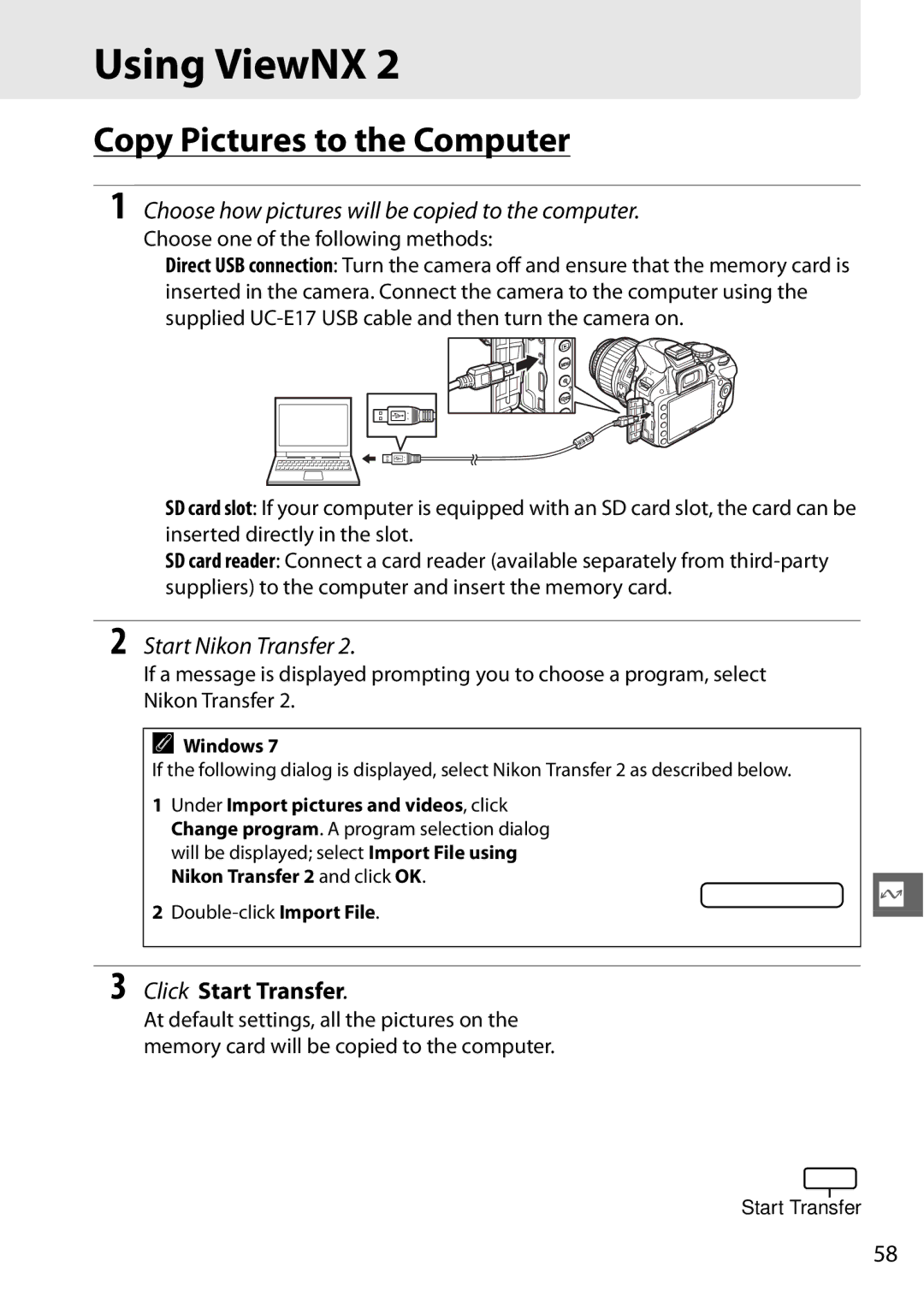 Nikon Digital Camera Using ViewNX, Copy Pictures to the Computer, Choose how pictures will be copied to the computer 