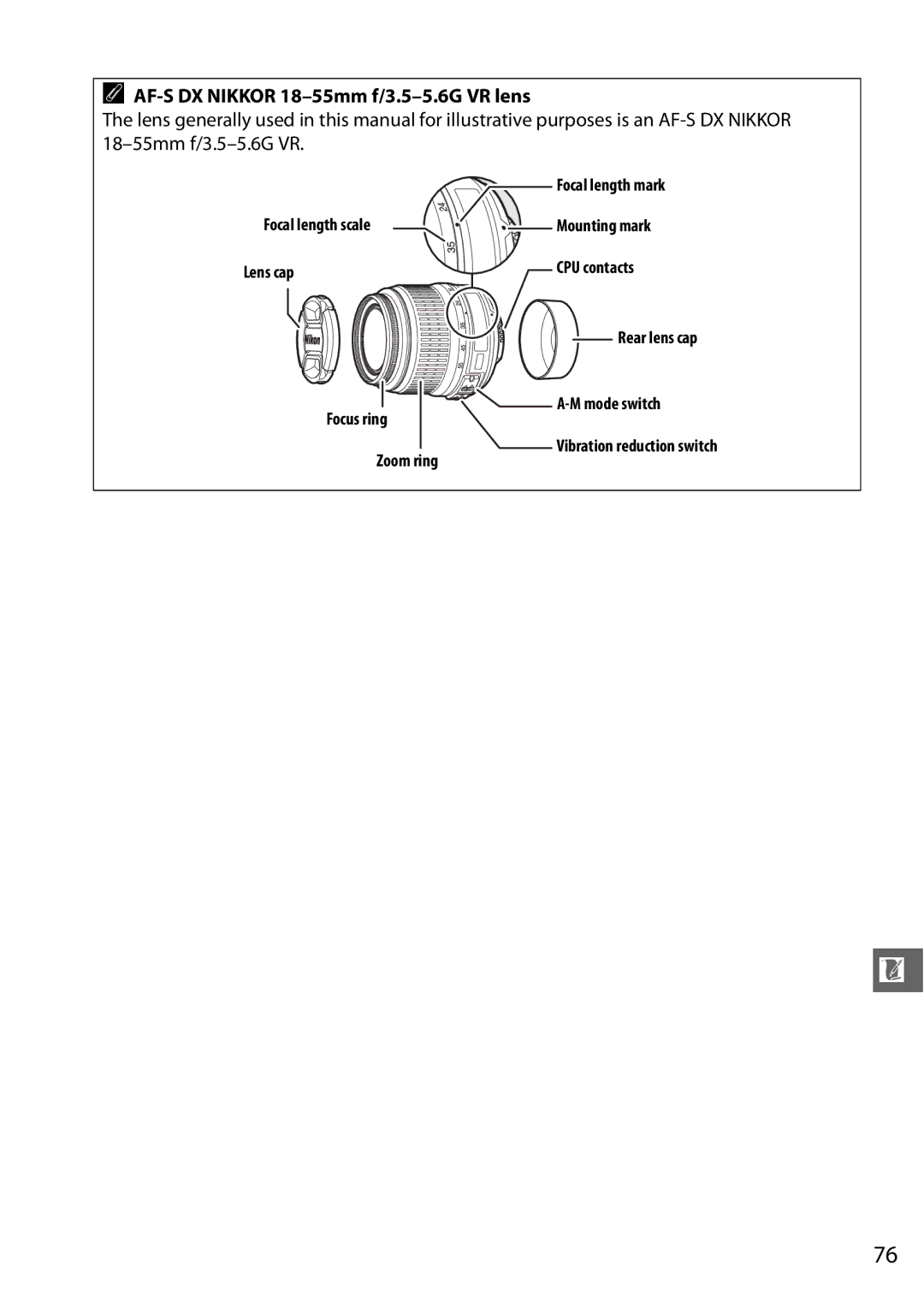 Nikon Digital Camera user manual AF-S DX Nikkor 18-55mm f/3.5-5.6G VR lens 