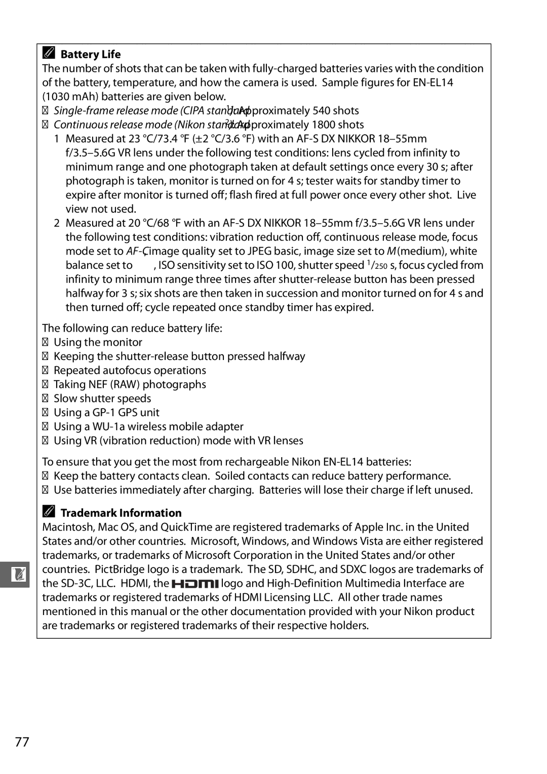 Nikon Digital Camera user manual Battery Life, Trademark Information 