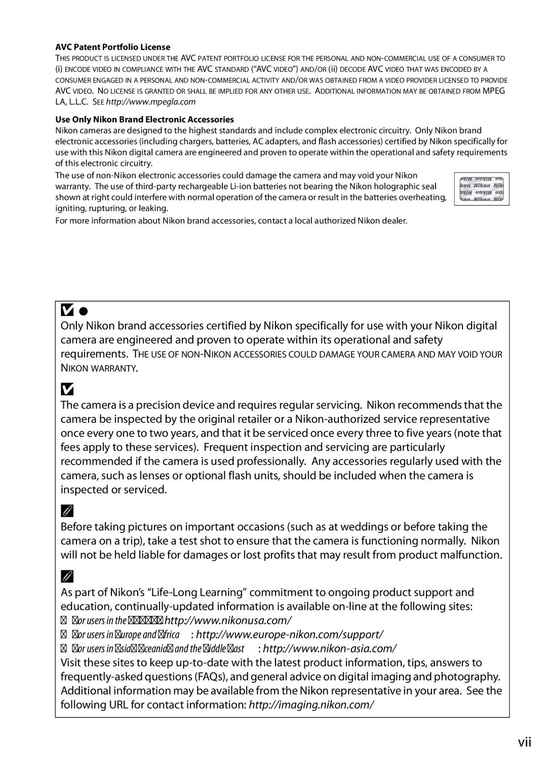 Nikon Digital Camera user manual Use Only Nikon Brand Accessories, Servicing the Camera and Accessories, Life-Long Learning 