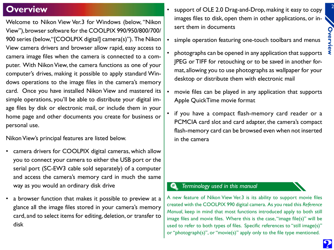 Nikon Digital Cameras manual Overview, Nikon View’s principal features are listed below 