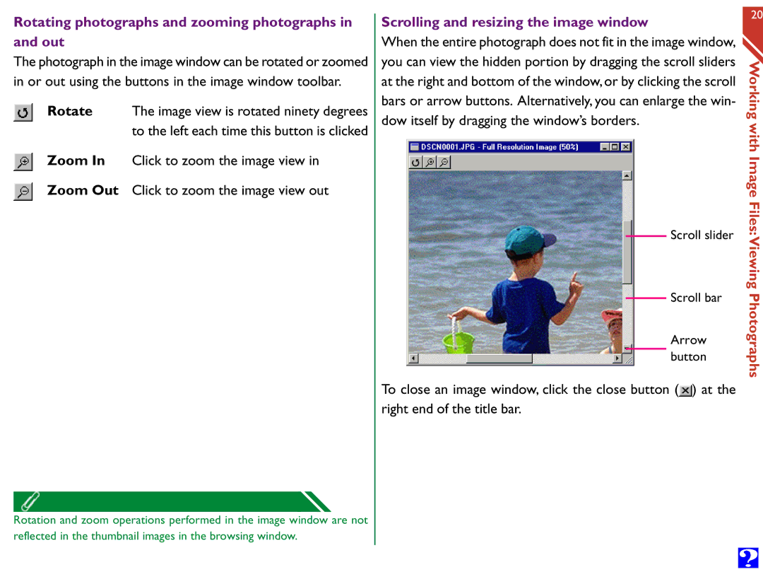 Nikon Digital Cameras manual Rotating photographs and zooming photographs Out, Scrolling and resizing the image window 