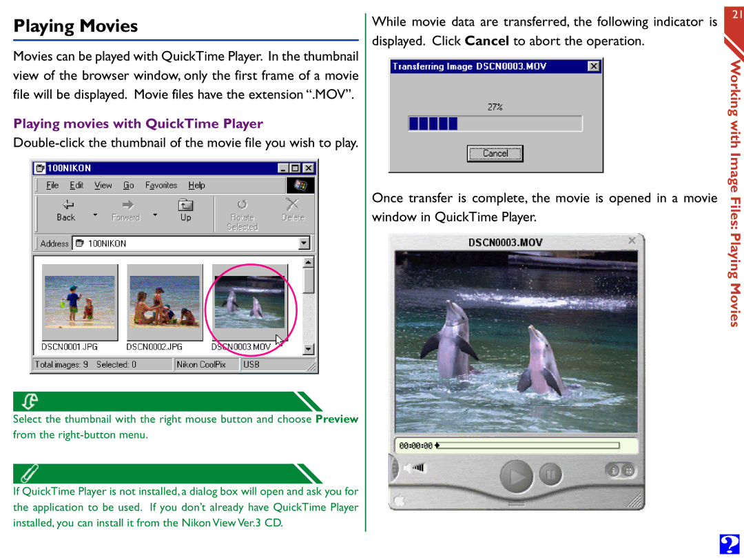 Nikon Digital Cameras manual Playing Movies, Playing movies with QuickTime Player 