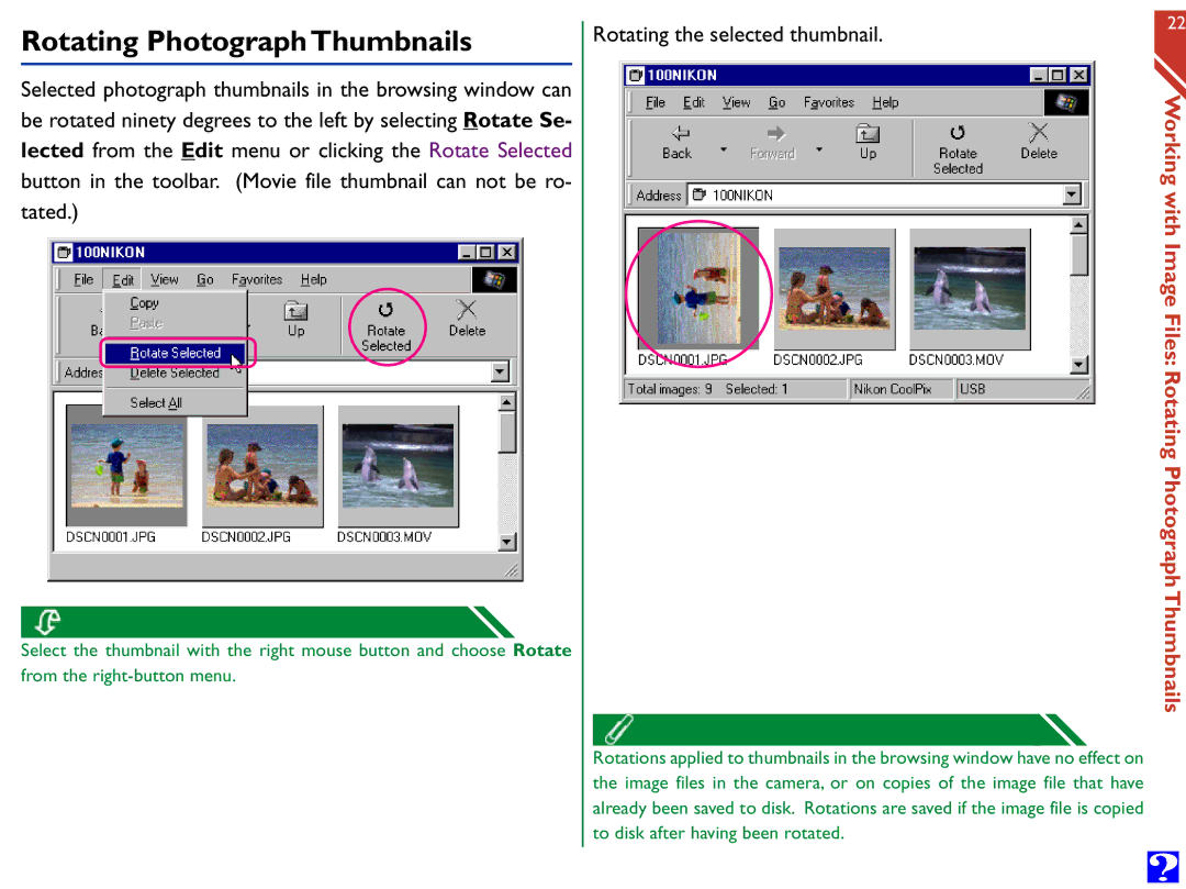 Nikon Digital Cameras manual Rotating Photograph Thumbnails, Rotating the selected thumbnail 