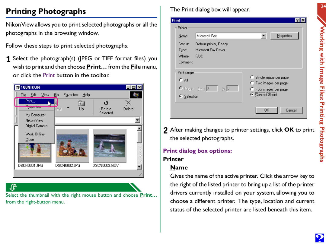 Nikon Digital Cameras manual Printing Photographs, Print dialog box options, Printer Name 