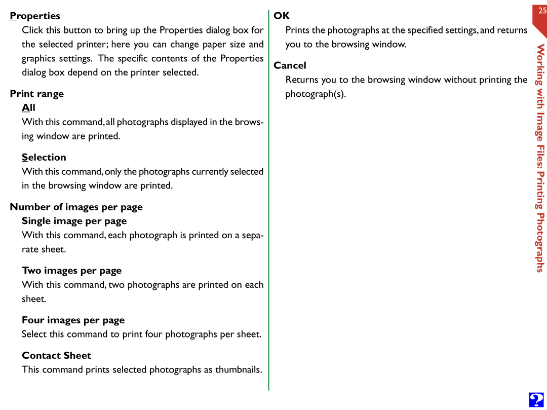 Nikon Digital Cameras manual Properties, Print range All, Selection, Number of images per Single image per, Two images per 