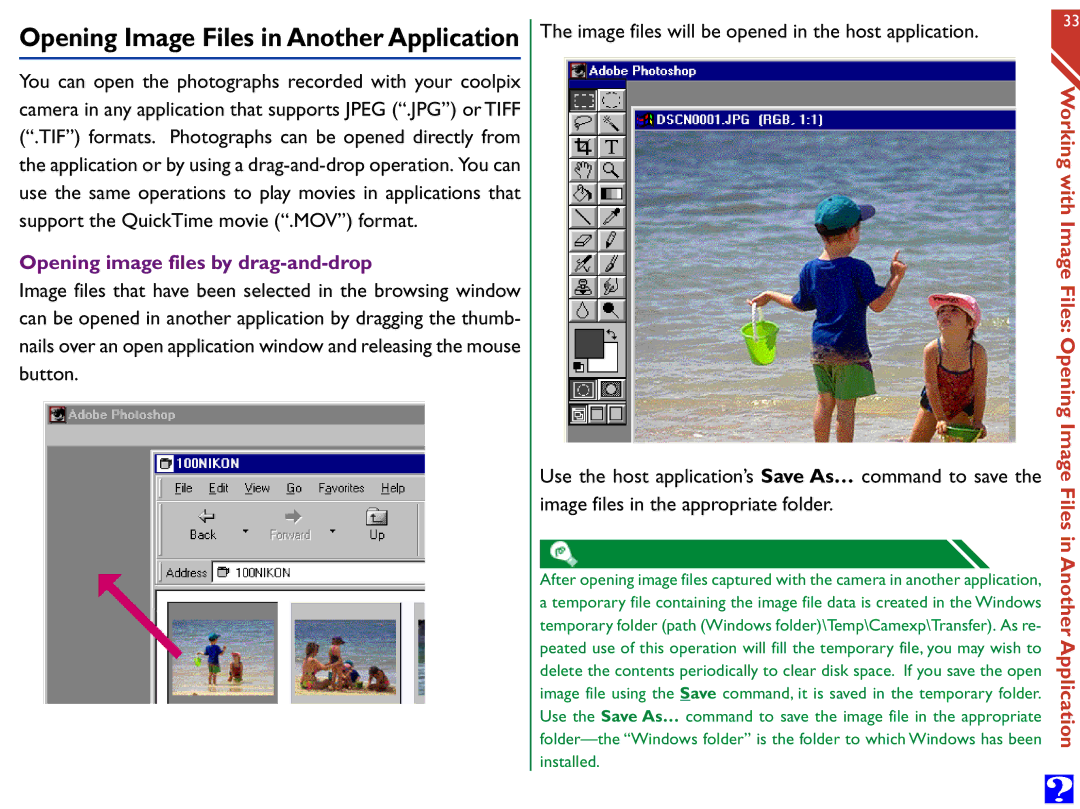 Nikon Digital Cameras manual Opening Image Files in Another Application, Opening image files by drag-and-drop 