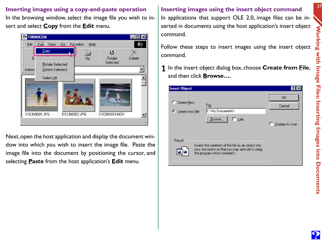 Nikon Digital Cameras Inserting images using a copy-and-paste operation, Inserting images using the insert object command 