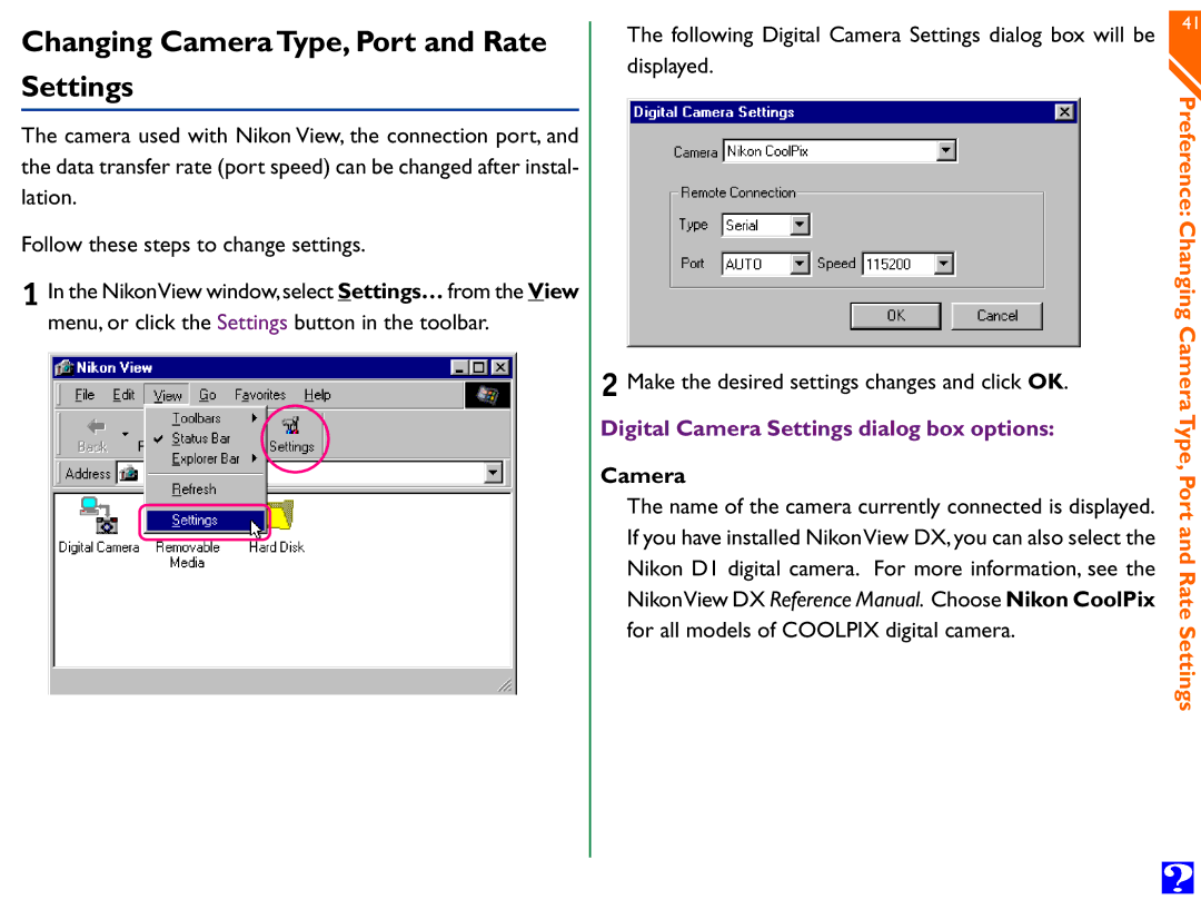 Nikon Digital Cameras manual Changing Camera Type, Port and Rate Settings, Digital Camera Settings dialog box options 