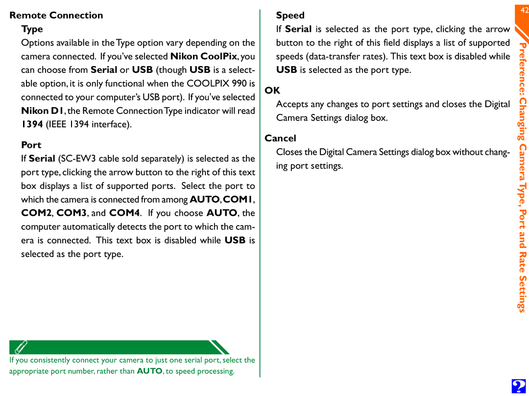 Nikon Digital Cameras manual Remote Connection Type, Port, Speed 