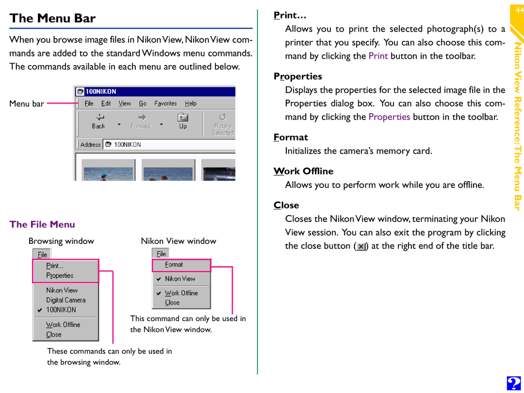 Nikon Digital Cameras manual Menu Bar, File Menu 