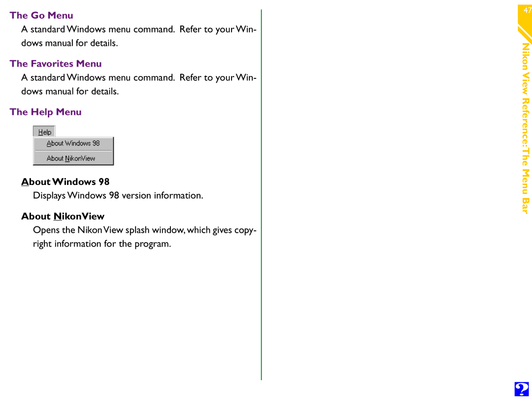 Nikon Digital Cameras manual Go Menu, Favorites Menu, Help Menu, About Windows, About NikonView 