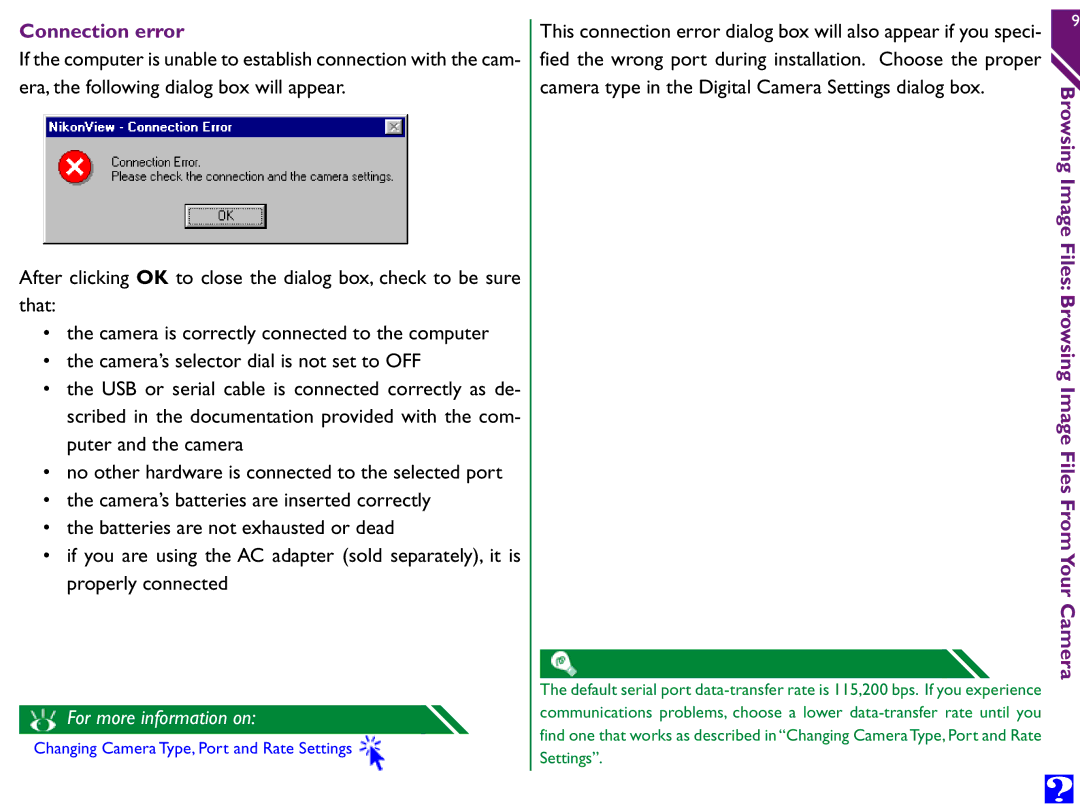 Nikon Digital Cameras manual Connection error, For more information on 