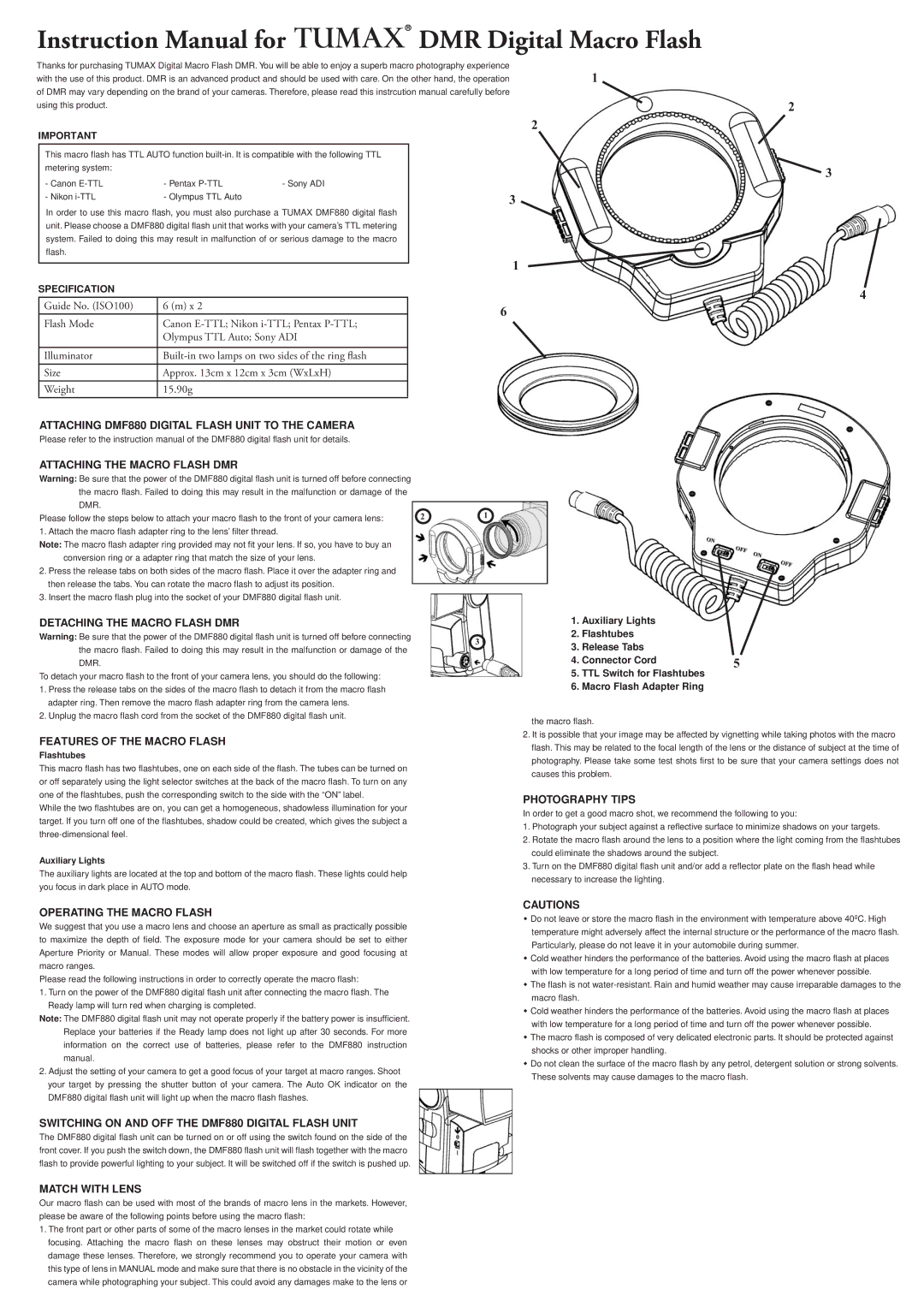 Nikon DMF880 instruction manual Detaching the Macro Flash DMR, Features of the Macro Flash, Photography Tips 