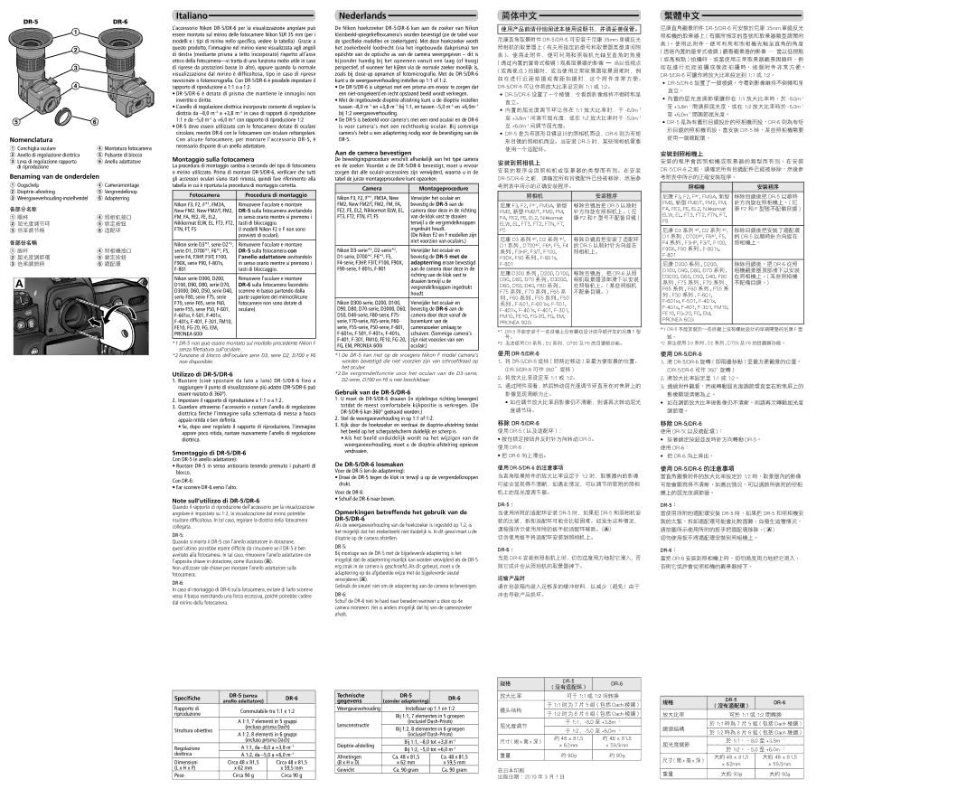 Nikon dimensions Montaggio sulla fotocamera, Utilizzo di DR-5/DR-6, Smontaggio di DR-5/DR-6, Aan de camera bevestigen 