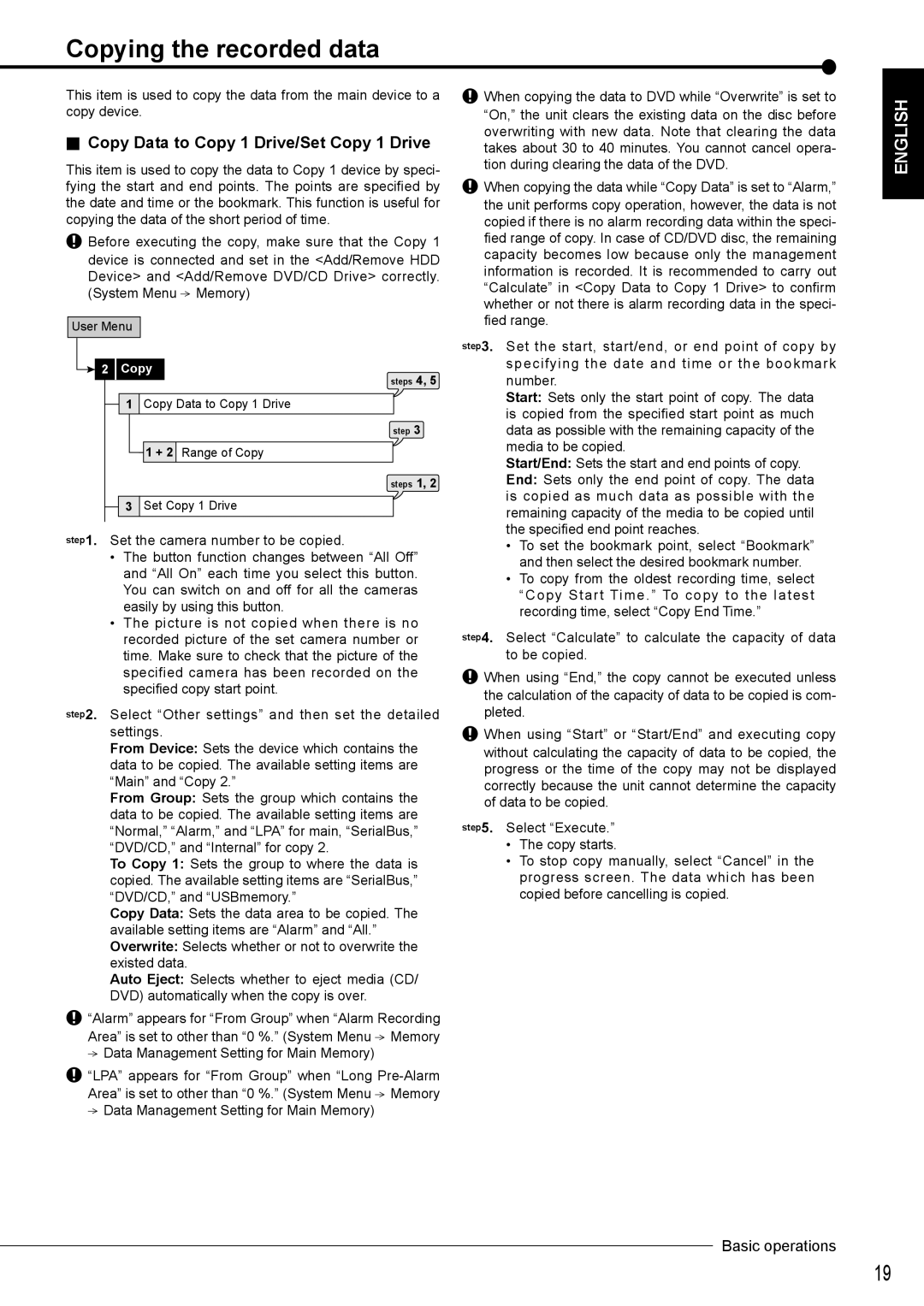 Nikon DX-TL4516E instruction manual Copying the recorded data, Copy Data to Copy 1 Drive/Set Copy 1 Drive 