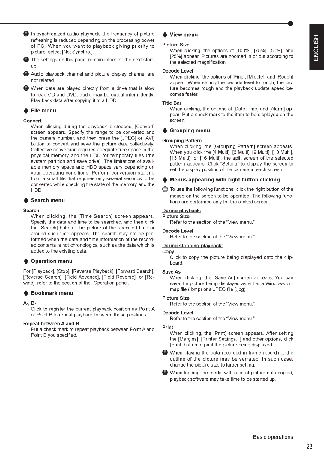 Nikon DX-TL4516E instruction manual File menu, Search menu, Operation menu, Bookmark menu, View menu, Grouping menu 