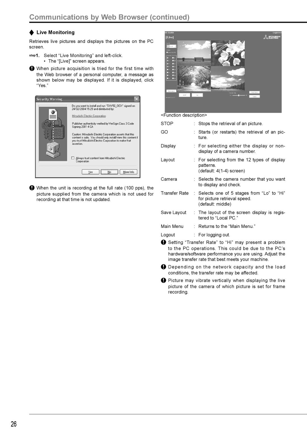 Nikon DX-TL4516E instruction manual Communications by Web Browser, Live Monitoring 