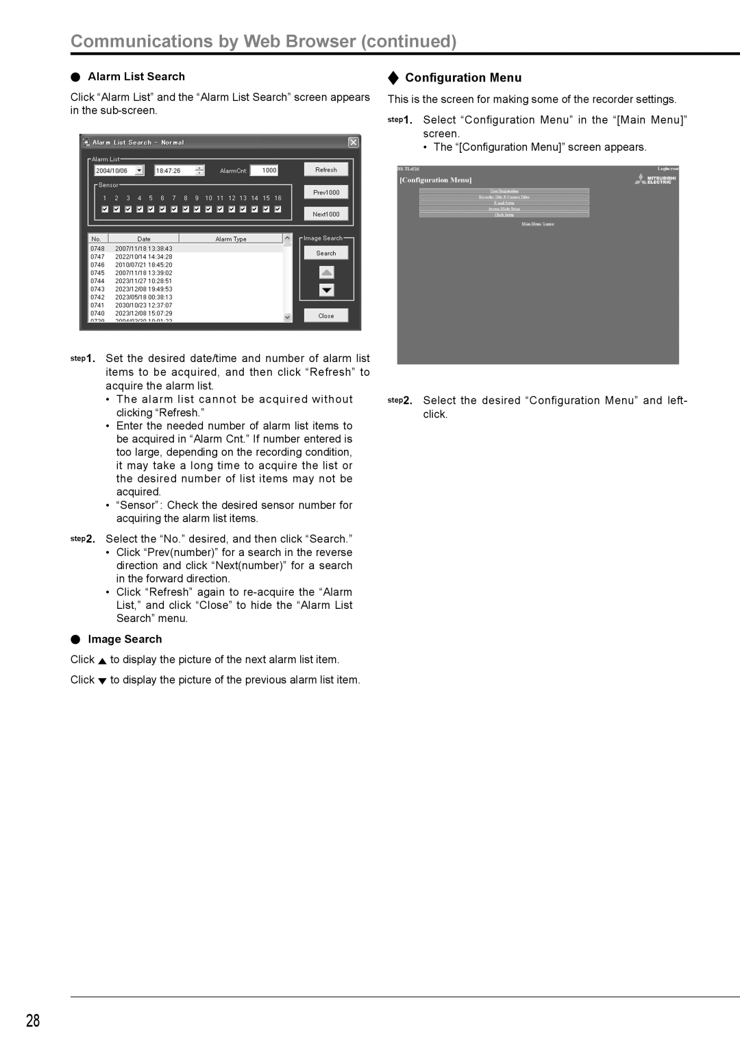 Nikon DX-TL4516E instruction manual Conﬁguration Menu, Alarm List Search, Image Search 