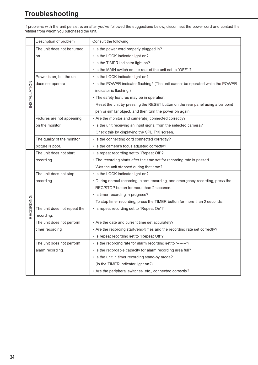 Nikon DX-TL4516E instruction manual Troubleshooting, Installation Recording 