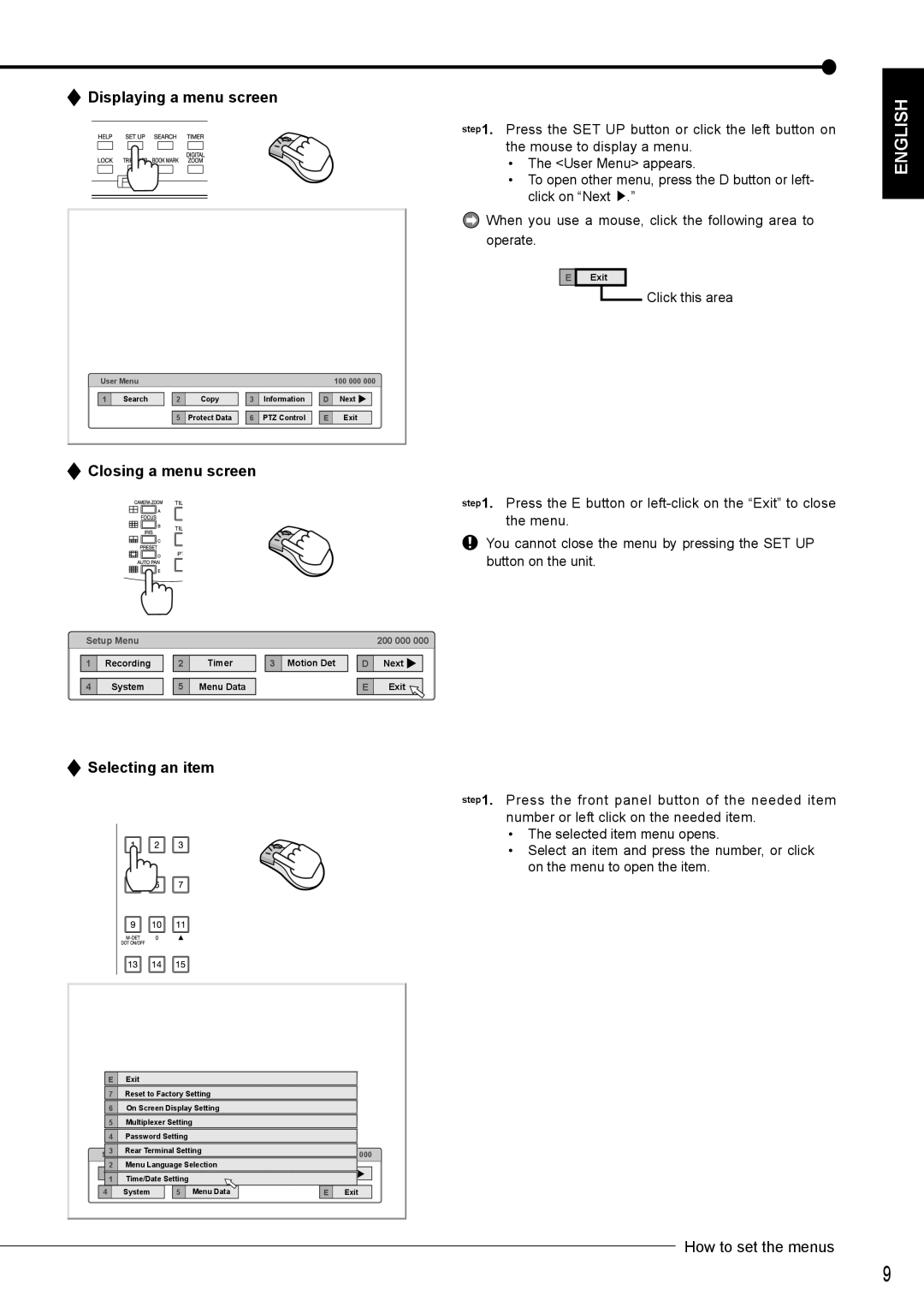 Nikon DX-TL4516E instruction manual Displaying a menu screen, Closing a menu screen, Selecting an item 