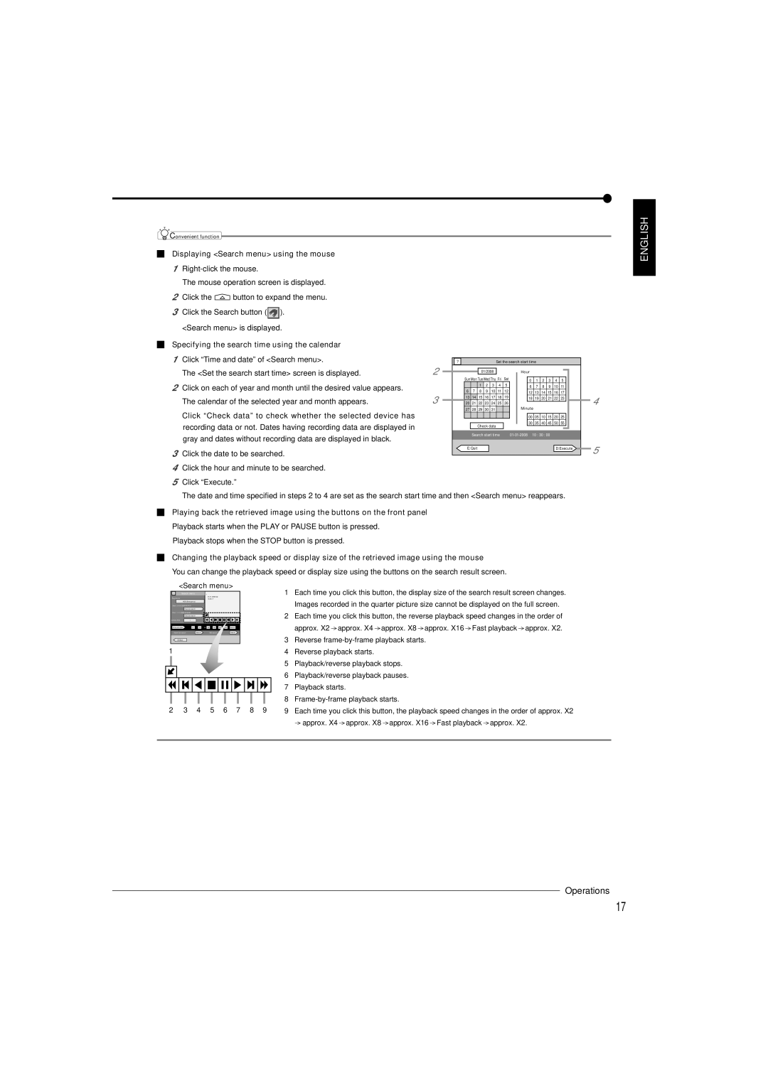 Nikon DX-TL5716E Displaying Search menu using the mouse, Specifying the search time using the calendar, 4 5 6 7 8 