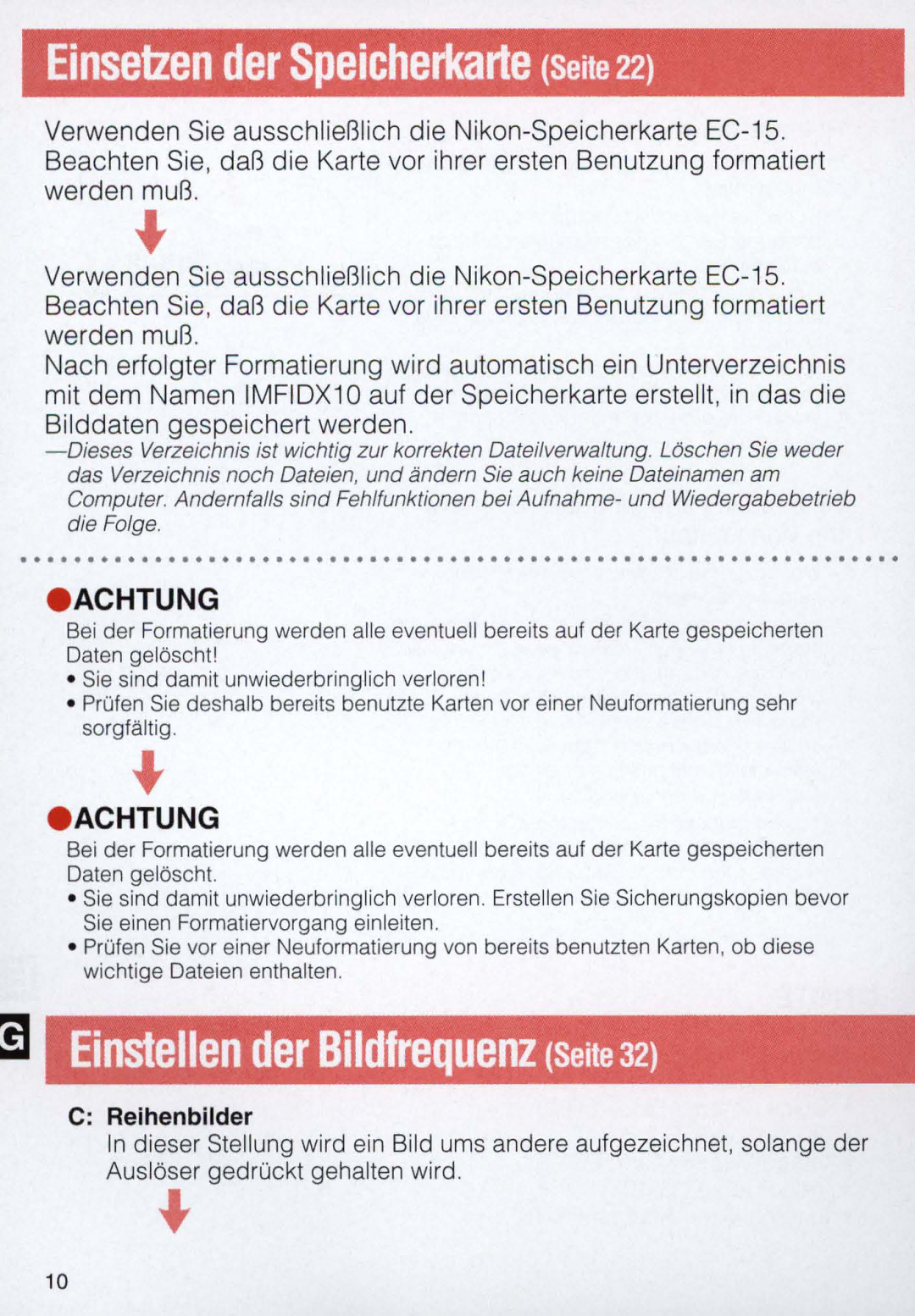 Nikon E 2 s, E2 instruction manual Einsetzen der Speicherkarte Seite, Achtung 