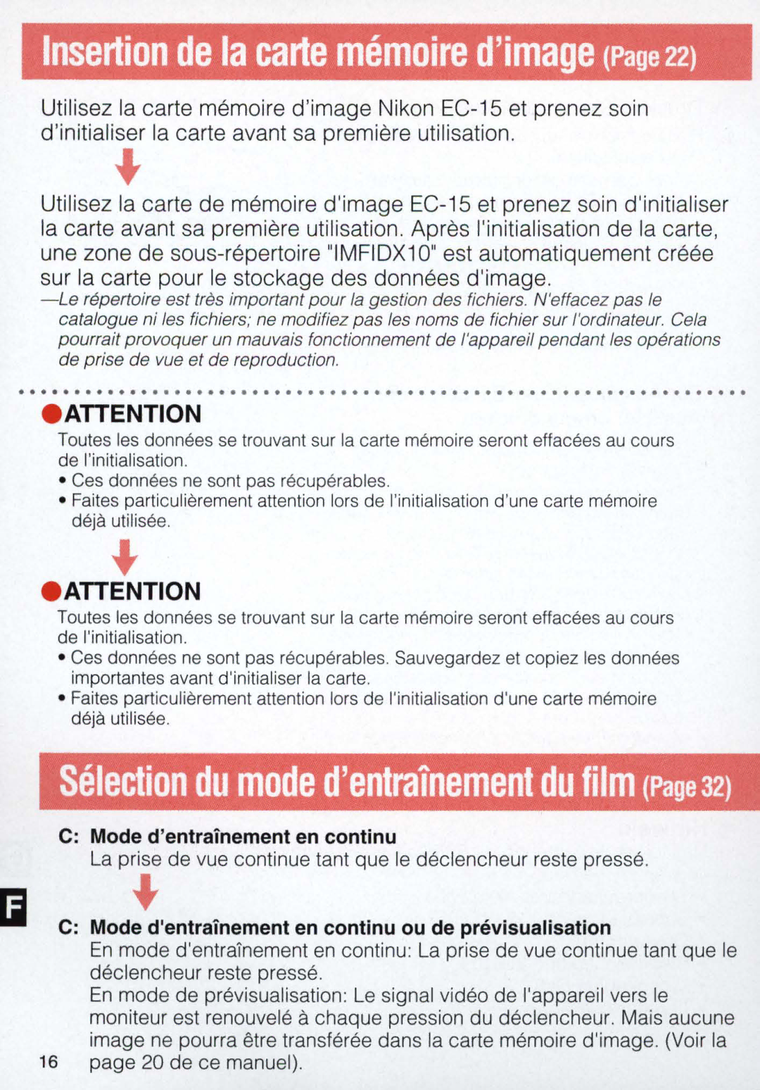 Nikon E 2 s, E2 instruction manual Insertion de la carte memoire dimagePage 