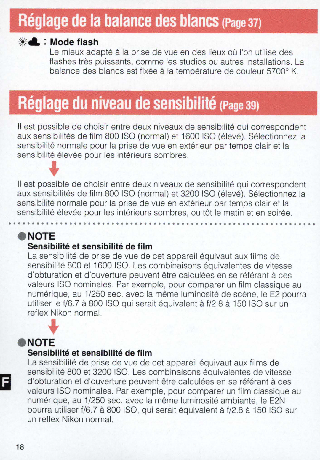 Nikon E 2 s, E2 instruction manual Reglage du niveau de sensibilite, +.. Mode flash 