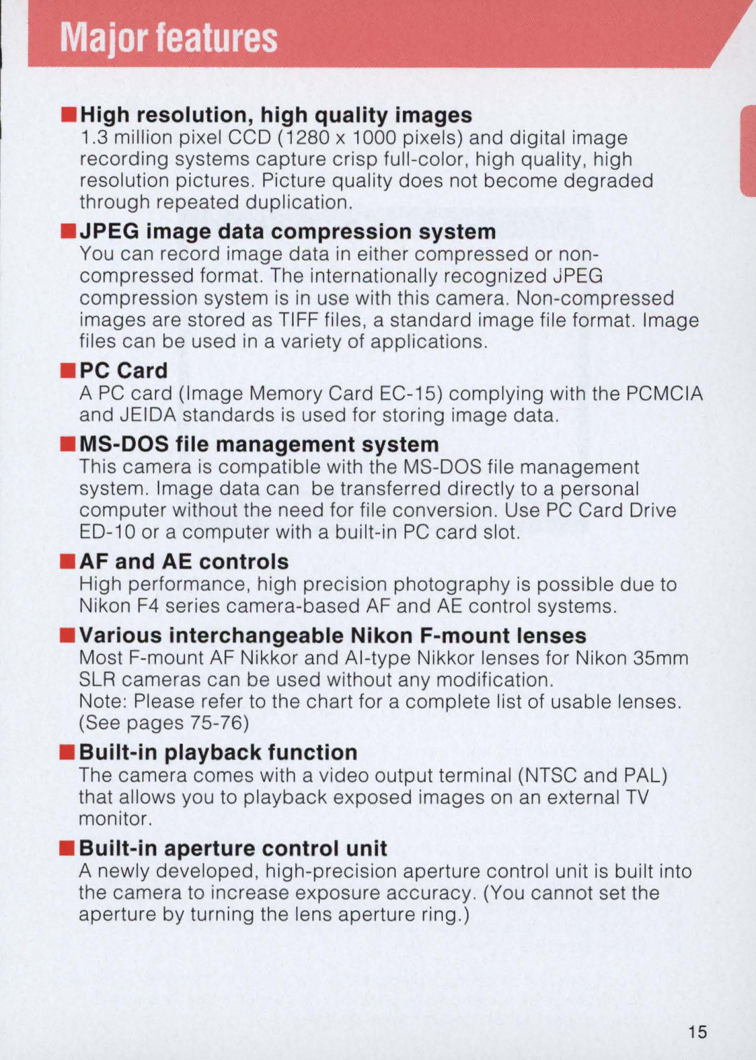 Nikon E2 instruction manual Major features 