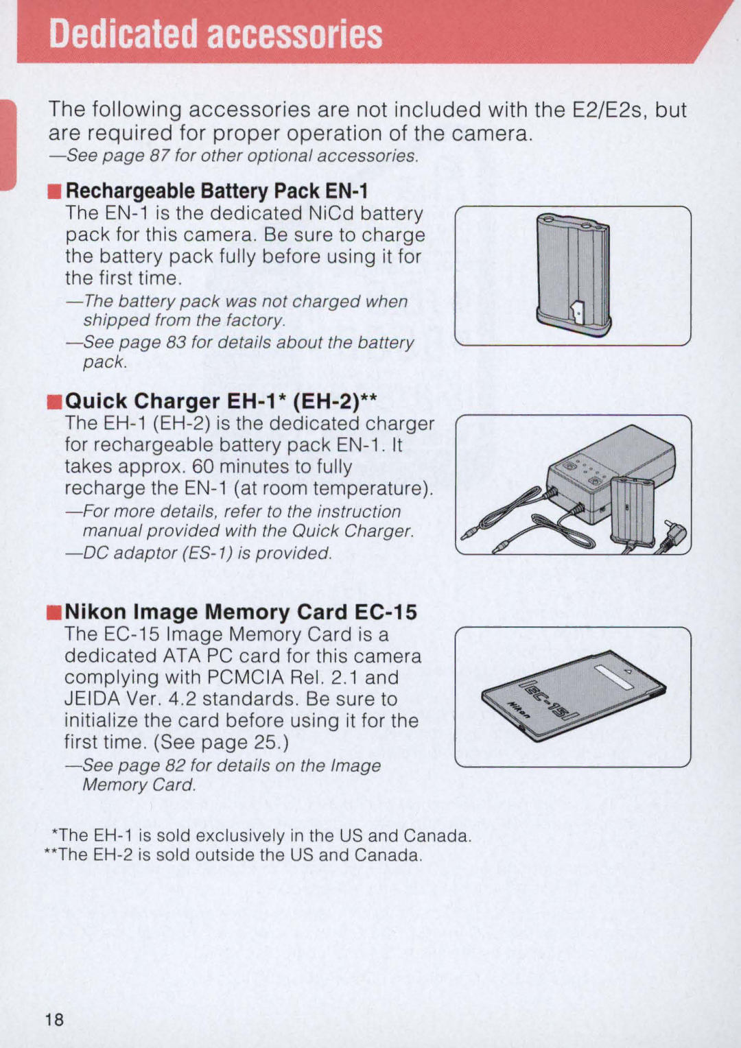 Nikon E2 instruction manual Rechargeable Battery Pack EN-1, Quick Charger EH -1* EH-2 