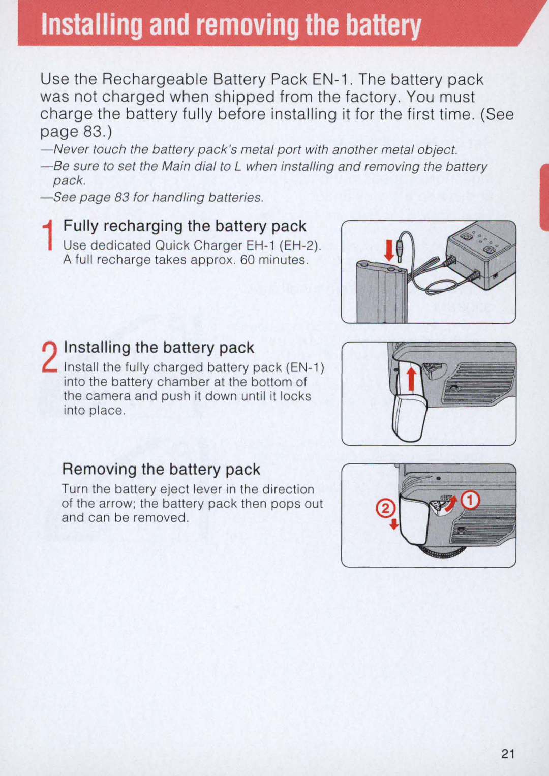 Nikon E2 instruction manual Installing and removing the battery, Installing the battery pack, Removing the battery pack 