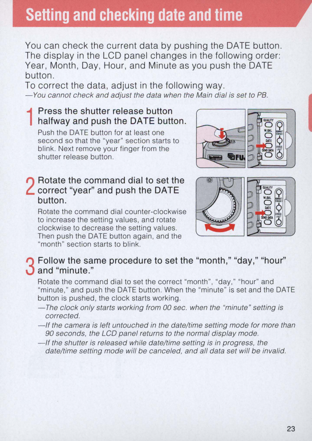 Nikon E2 Setting and checking date and time, Follow the same procedure to set the month, day, hour Minute 