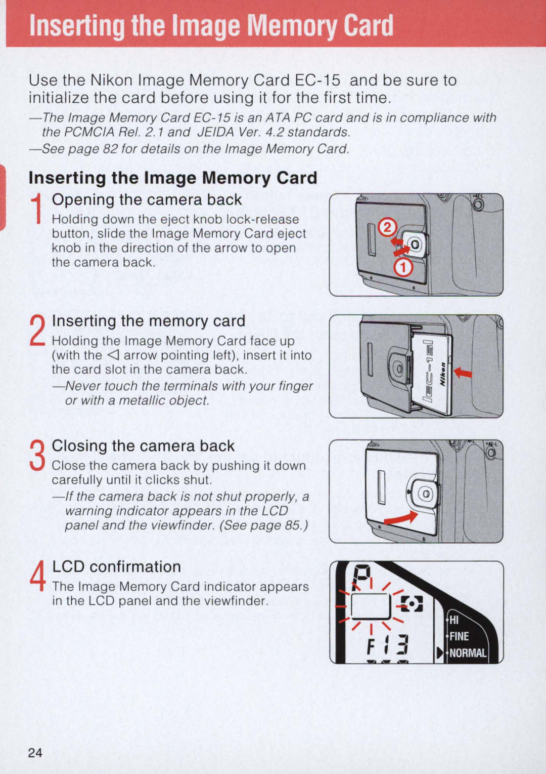 Nikon E2 IInserting the Image Memory Card, 1Opening the camera back, 3Closing the camera back, 4LCD confirmation 