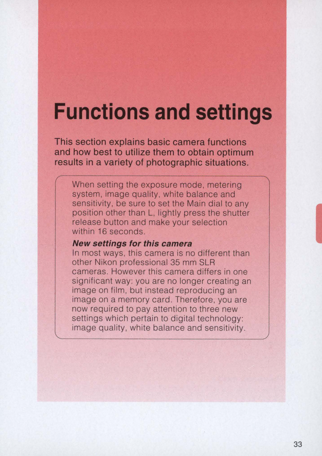 Nikon E2 instruction manual Functions and settings 