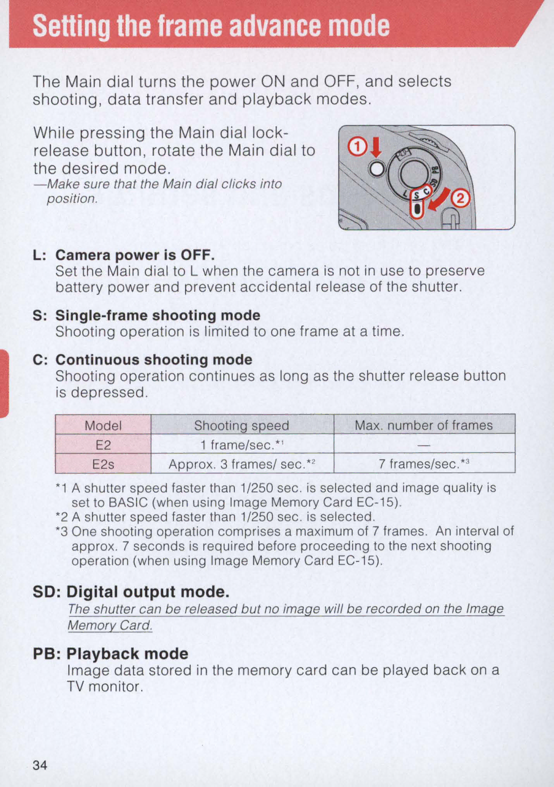 Nikon E2 instruction manual So Digital output mode, PB Playback mode, Camera power is OFF, Single-frame shooting mode 