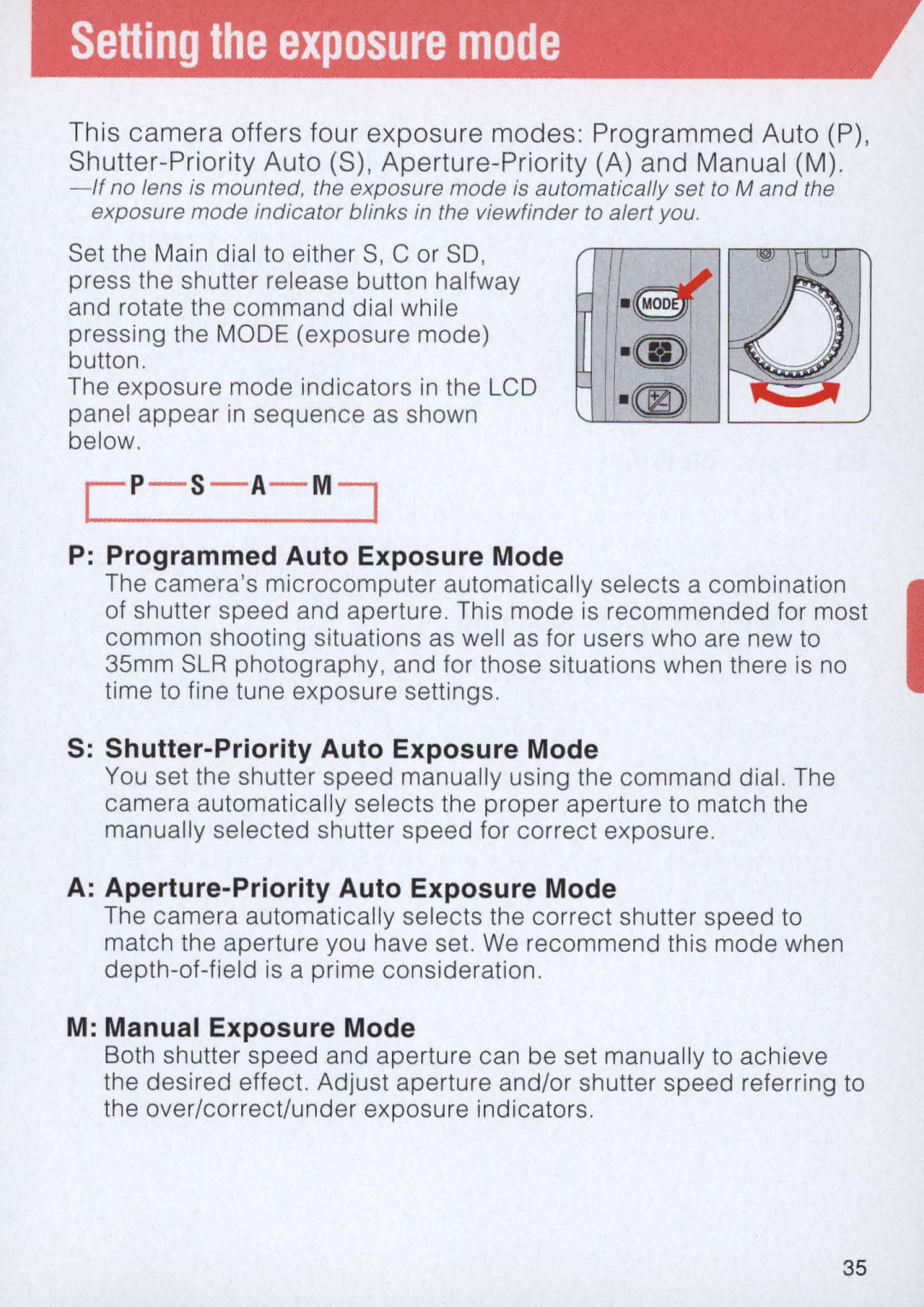 Nikon E2 Setting the exposure mode, S- A- M-J Programmed Auto Exposure Mode, Shutter-Priority Auto Exposure Mode 