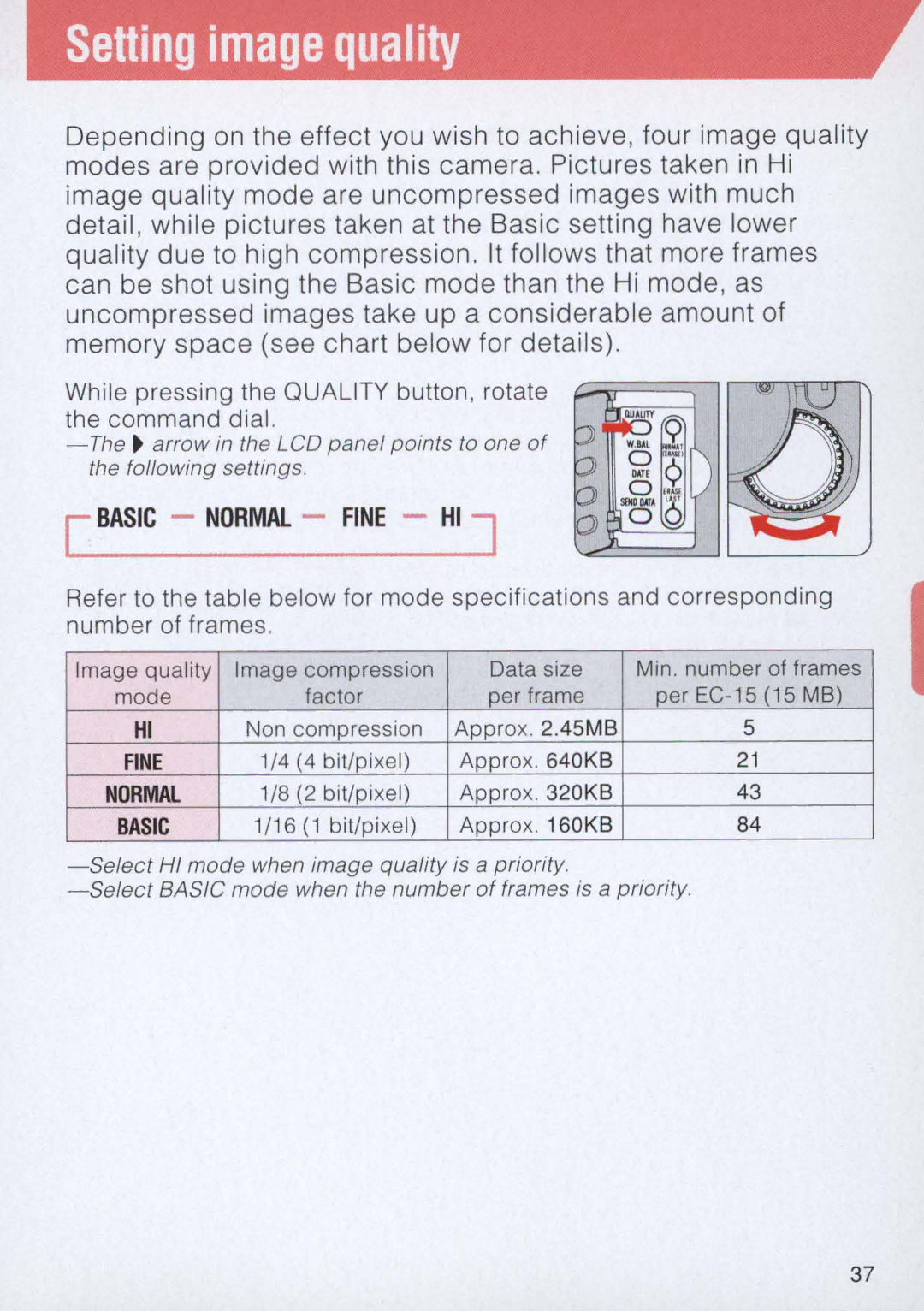 Nikon E2 instruction manual Setting image quality, Basic Normal Fine HI J 