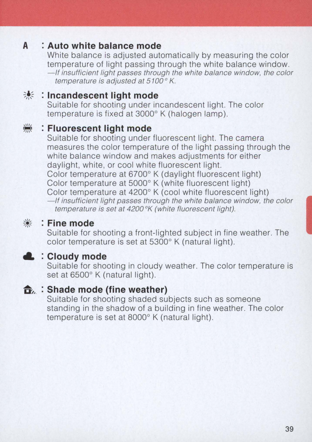 Nikon E2 Auto white balance mode, ~ Incandescent light mode, ~ Fluorescent light mode, ~*~ Fine mode, Cloudy mode 