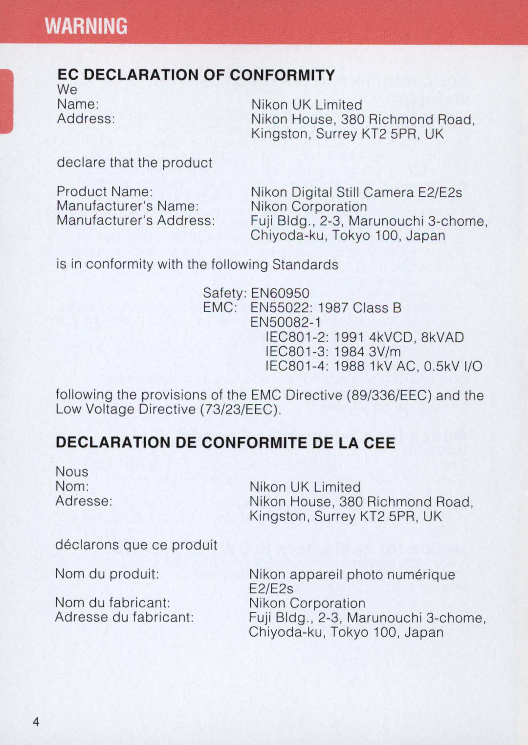 Nikon E2 instruction manual EC Declaration of Conformity 